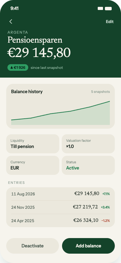 Account detail screen showing balance history chart and a log of past entries