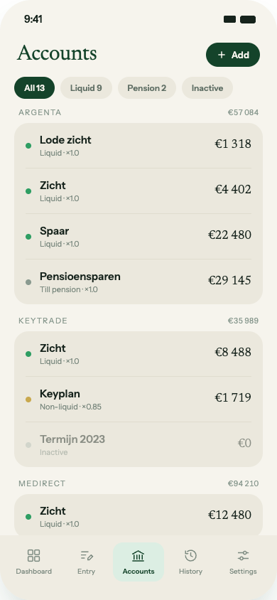 Accounts screen grouped by institution, with filter chips for All, Liquid, Pension, and Inactive