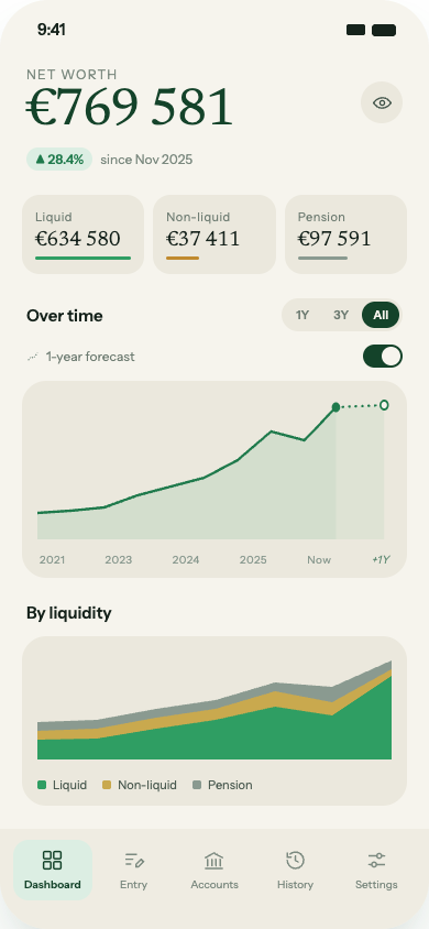 Patrimony dashboard on iPhone showing net worth of €769,581, a liquidity breakdown, and a net-worth-over-time chart with a one-year forecast